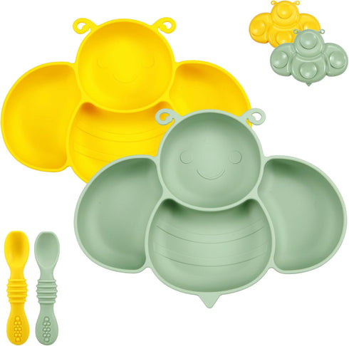 PandaEar 2 Pack Silicone Suction Plates for Baby, Divided Unbreakable Toddler Plate with 2 Pack Spoons for Self Feeding, Babies Utensils Feeding S...
