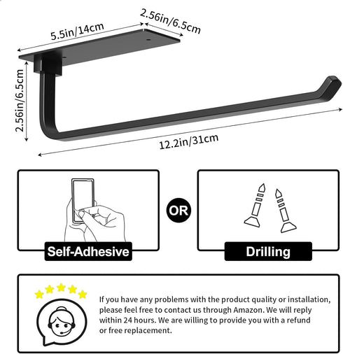 Paper Towel Holder - Self-Adhesive or Drilling, Matte Black Paper Towel Rack Under Cabinet for Kitchen, Upgraded Aluminum Kitchen Roll Holder - Li...
