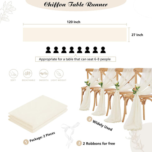 Ivory Table Runner 2 Packs Sheer Chiffon Fabric 27x120 Inches Romantic Table Runners for Wedding Rustic Boho Party Decorations...