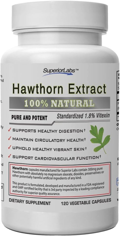Superior Labs — Best Hawthorn Vitamin Supplement NonGMO, Non Synthetic — 300 mg Dosage, 120 Vegetable Capsules — Powerful Antioxidant — Healthy Di...