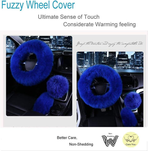 Car Steering Wheel Cover Gear Shift Handbrake Fuzzy Cover 1 Set 3 Pcs Multi-Colored with Winter Warm Pure Wool Fashion for Girl Women Ladies Unive...