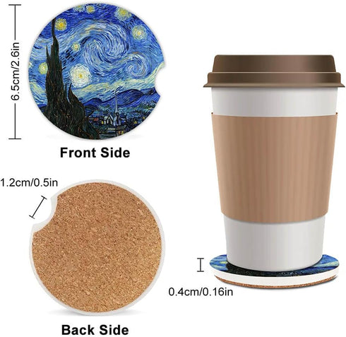 Ceramic Cup Holders Car Coasters for Women/Men,Absorbent Drink Cup Car Holder Coasters with A Finger Notch 2.56" Pack of 2,Starry Night Oil Painti...