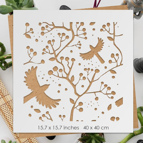 Bird on Branch Stenci for Painting on Walls Wood, Canvas, Paper, Fabric, Walls and Furniture 15.7 x 15.7 inch, Branch Stencil, Stencils Home Décor...