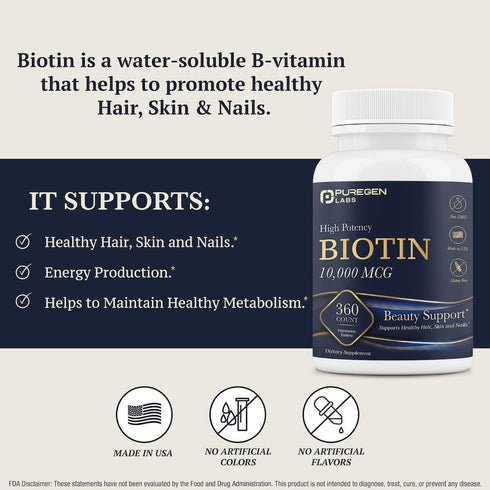 Puregen Labs Biotin 10,000 MCG Supports Healthy Hair, Skin & Nails - High Potency Beauty Support - Non-GMO, Gluten Free | 360 Vegetarian Tablets...