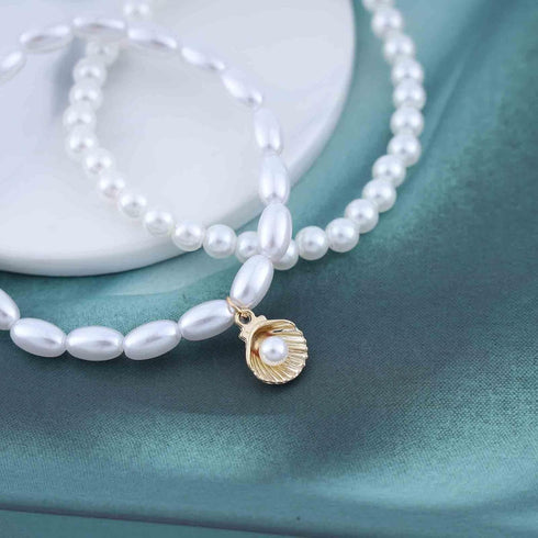 Vintage Layered Shell Pearl Anklet White Pearl Anklet Gold Scallop Shell Anklet Bracelet Pearl Bead Anklet Foot Chain Pearl Stretch Anklet Jewelry...