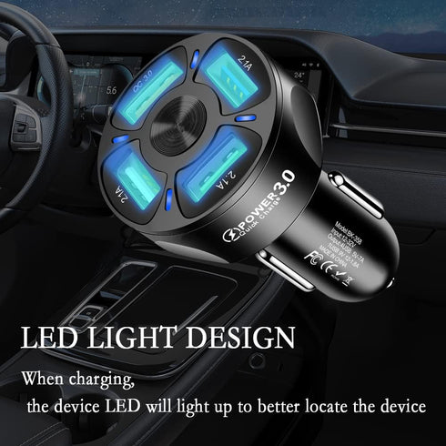 4-Port Car Charger Adapter,QC3.0 Fast Charging with LED Light Display Cigarette Lighter USB Charger Compatible with iPhone 14 Pro MAX/13 MacBook P...