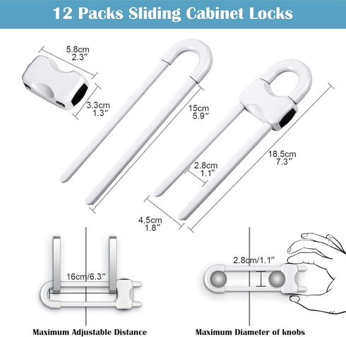 12 Packs Baby Proofing Sliding Cabinet Locks modacraft U-Shaped Child Safety Latches Adjustable White Locks for Handles Knobs Drawers Closet Cupbo...