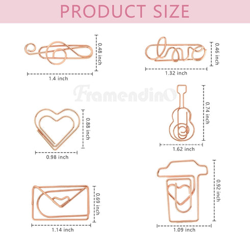 Framendino, 30 Pack Rose Gold Cute Assorted Sizes Shapes Small Paper Clips Index Card Binder Clip with Fun Storage Box for School Office Home Wedd...