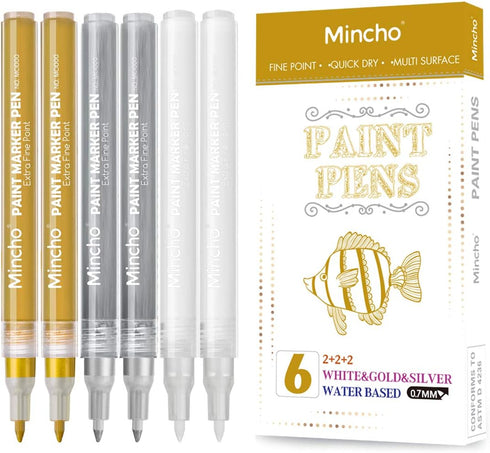 White Paint Pen, 0.7mm Acrylic 2 White, 2 Gold, 2 Silver Permanent Marker Pens for Wood Rock Plastic Leather Glass Stone Metal Canvas Ceramic Mark...