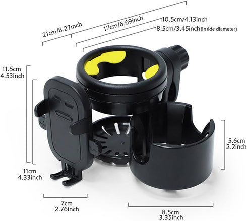 Stroller Cup Holder with Phone Holder,Bike Cup Holder,Freely Rotating and Adjustable 3-in-1 Mobile Phone/Double Bottle Holder for Stroller,Bike,Mo...