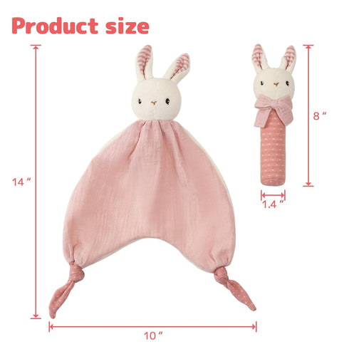 Organic Cotton Stuffed Animal Rattle Baby Toys, Hand Grip Rattle Squeaker Sticks Toys, Bunny Cuddle Cloth and Ring Rattle Plush Toy Set for Newbor...