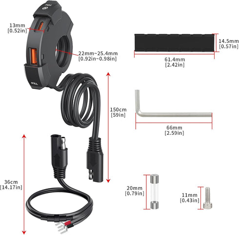 Motorcycle Phone Charger Fast Charge 18W USB 30W Type-C PD Quick Charger SAE to USB Adapter IP65 Waterproof Phone Charger for Phones Tablets GPS...