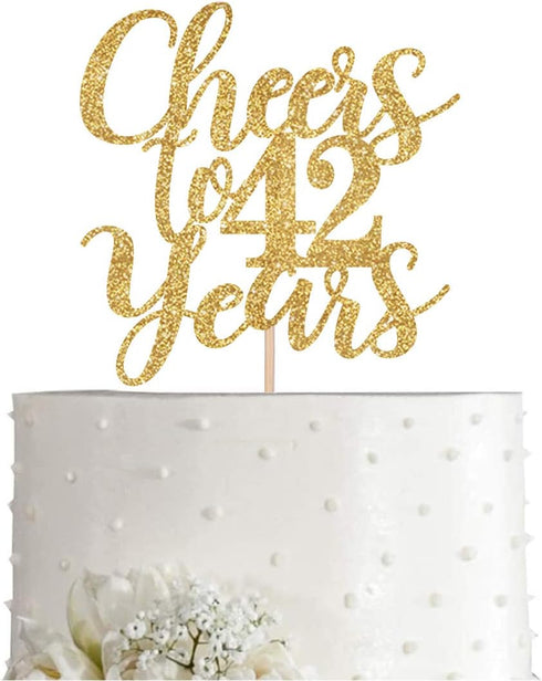 Gold Glitter Cheers to 42 years cake topper, Gold Happy 42nd Birthday Cake Topper, Birthday Party Decorations, Supplies...