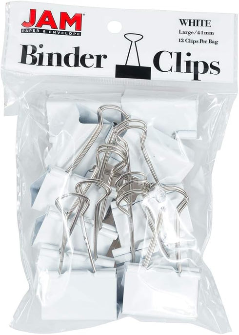 JAM PAPER Colorful Binder Clips - Large - 1 1/2 Inch (41 mm) - White Binderclips - 12/Pack...