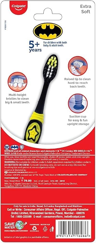 Colgate Batman Toothbrush for Children with Suction Cup, Kids 5+ Years Old, Extra Soft, Pack of 6...