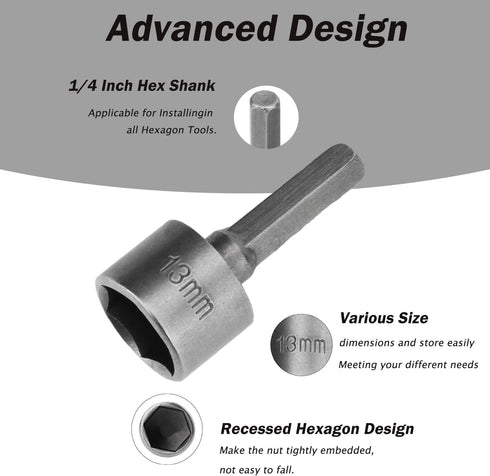 9pcs Nut Driver Drill Bit Set Impact Ready Socket Bit Chuck Adapter 1/4" Hex Shank 5-13mm Metric Socket Strong Sleeve Wrench Screw Power Drill Ada...