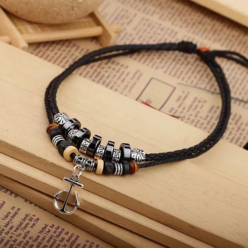 Men Black Leather Necklace Vintage Tribal Style Boho Hipppie Double Layered Black Braided Beaded Anchor Pendant Pirate Necklace...