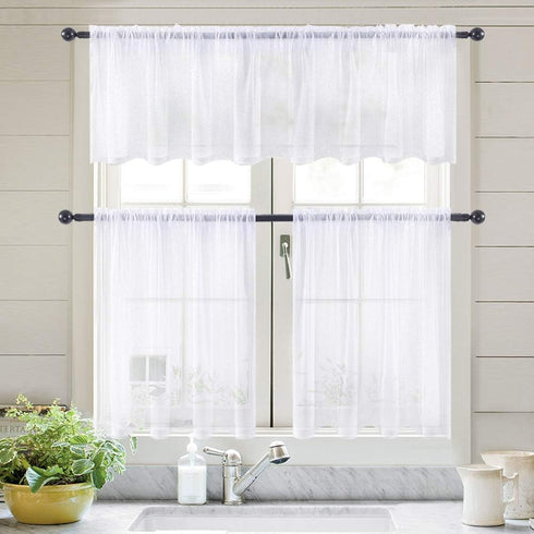 MIULEE White Sheer Curtains 24 inch Length Linen Textured Kitchen Window Curtains Over Sink, Rod Pocket Short Small Curtains for Bathroom Cafe Lig...