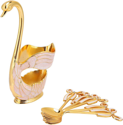 Coffee Dessert Spoon Set Elegant Swan Shape Spoons Storage Rack, Solid Metal Dessert Spoons with Organizer, Small Delicate Spoons for Coffee Desse...
