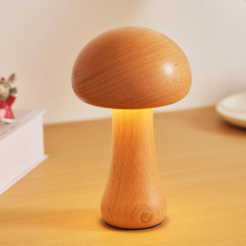 Small Wood Mushroom Lamp, LED Cordless Bedside Touch Lamp, Portable Dimmable Battery Mushroom Lamp for Bedroom Nightstand...