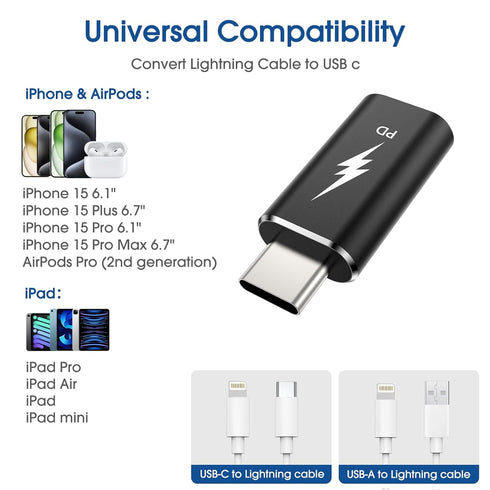 TechMatte 3 Pack Lightning to USB-C Adapter, PD Fast Charging Compatible with Phone 15/Plus/Pro/Pro Max and More Type C Devices, Support Data Tran...