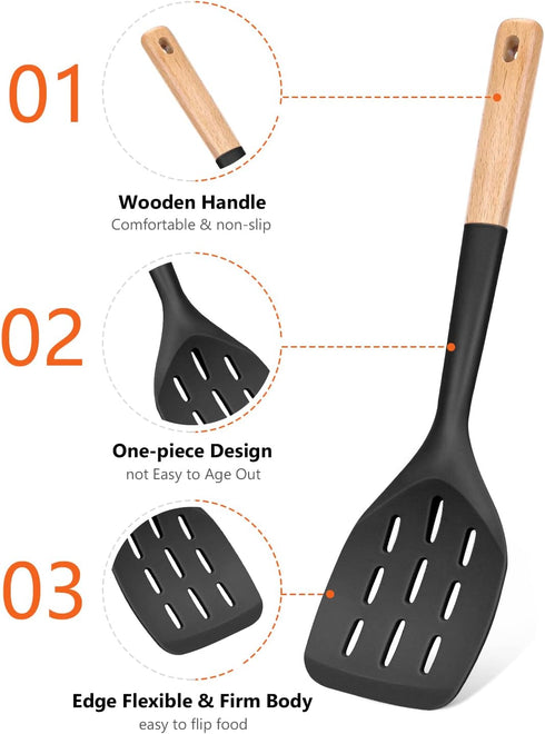 Pack of 2 Silicone Spatula, Non Stick Cooking Utensil Set Wooden Handle Kitchen Turner for Baking Mixing Grilling Serving Food Heat Resistant Non ...