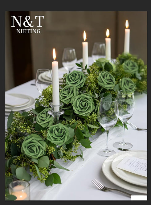N&T NIETING Roses Artificial Flowers, 25pcs Artificial Flowers Foam Flowers with Stems for DIY Cake Decoration Wedding Party Home Decoration, Army...