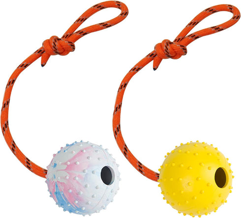 2 Pack Dog Ball, K9 Ball, Solid Rubber Ball on Rope for Reward, Fetch, Play (7cm)...
