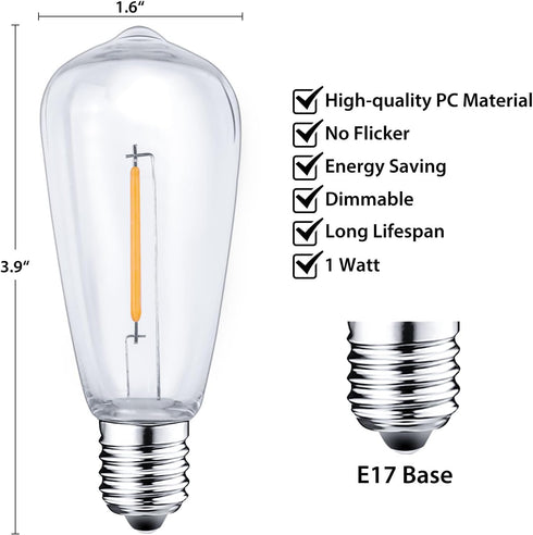 12Pack E17 LED Bulbs ST40 Replacement Light Bulbs, 0.6Watt Per Bulb, Waterproof Shatterproof Dimmable LED Replacement Bulbs for Indoor Outdoor Pat...