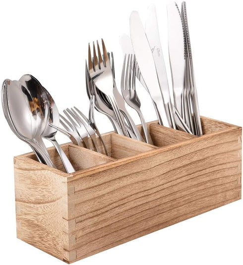 WuGeShop Wood Cutlery Caddy, Kitchen Utensil Organizer with 4 Compartments, Silverware Storage Kitchen Countertop Flatware Organizer...