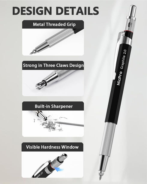 Nicpro 2mm Welder Mechanical Pencil Set with 24PCS Silver Refills, 2mm Metal Lead Holder, Carpenter Pencil with Sharpener for Welding, Cutting, Wo...
