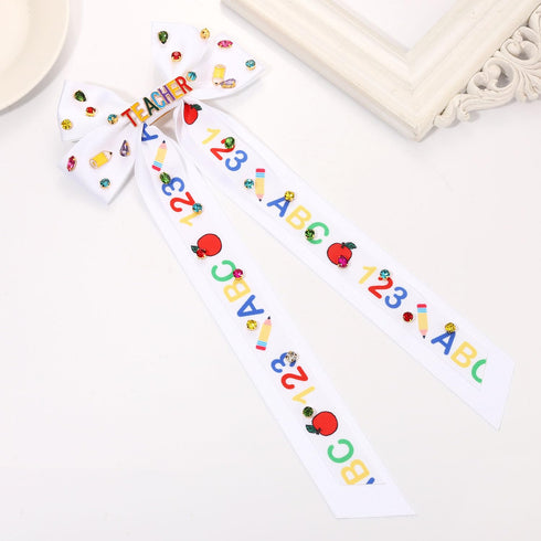 Teacher Hair Bows for Women Teacher ABC Pencil Hair Bow Clips Jeweled Satin Ribbon Bow Barrette Hair Clip Back to School Accessories Teacher Appre...