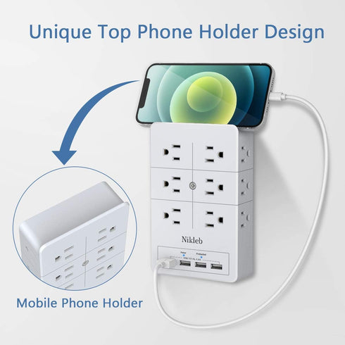 Multi Plug Outlet Surge Protector Nikleb, 12 Electrical Outlet Extender 3 Sided, Wall Outlet with 4 USB Charging Ports Total 4.8A, Plug Adapter 3 ...
