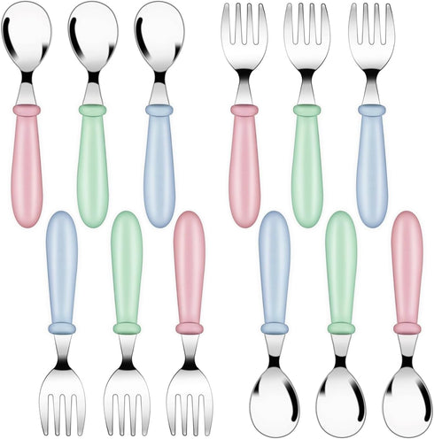 12 Pack Toddler Spoons and Forks Stainless Steel Baby Utensils Kids Cutlery Toddler Silverware Set with Round Handle for Self Feeding Safe Flatwar...