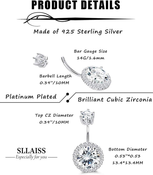 Sllaiss CZ Halo Belly Button Rings for Women 925 Sterling Silver 14G Belly Rings Round Cubic Zirconia Body Jewelry Curved Barbells Navel Rings 3/8...