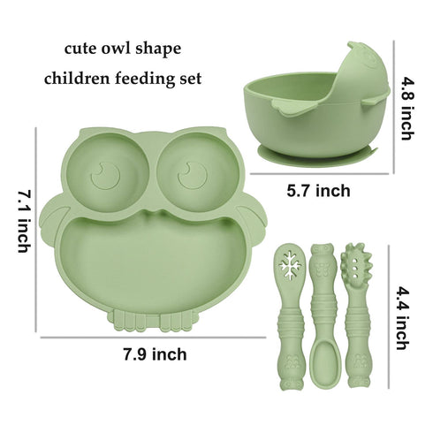 Owl Shape Silicone Baby Feeding Set, Toddler Suction Plates and Bowls Set with Spoons, Kids Silicone Dinnerware Set Eating Utensils, Green...