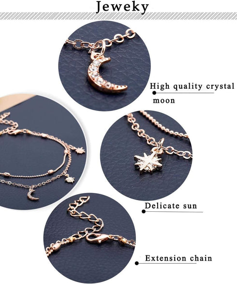 Boho Three Layered Beaded Ankle Bracelets Gold Moon Summer Beach Anklet Chain for Women...