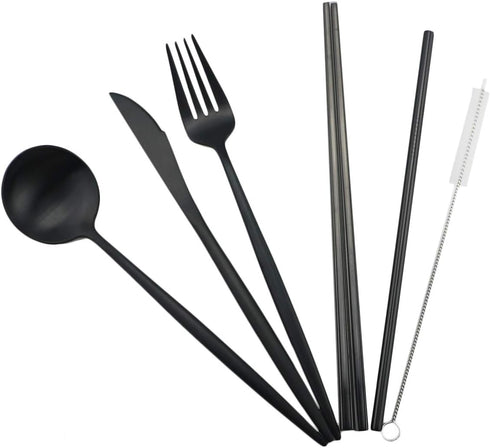Gugrida Luxury Black Matte Portable 18/10 Stainless Steel Travel Flatware Sets of 7 Portable Camping Cutlery Set, Healthy & Eco-Friendly Flatware ...