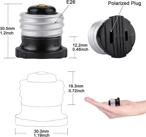 DiCUNO UL Listed E26 to Polarized Outlet Socket Adapter, Standard E26 Base Light Bulb to 2 Prong Outlet Plug Converter Black, 6-Pack...