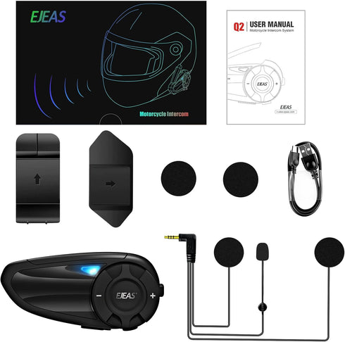 EJEAS Q2 Motorcycle Helmet Bluetooth Intercom, Motorcycle Bluetooth 5.1 Headset with Stereo Sound Effect and Quick Pairing Function for 2 Riders T...