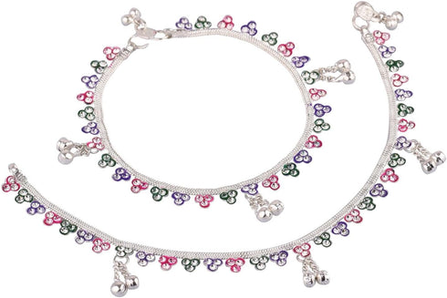 Efulgenz Indian Silver Tone Meenakari Jewellery Set Bell Charms Crystal Chain Anklet Set for Women Bracelet Payal Foot Jewelry...