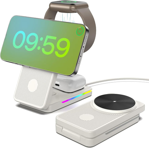 Wireless Charging Station for Apple Mag-Safe Charger, 3 in 1 Mag-Safe Charger Stand for iPhone 15 Pro Max/14/13/12, Foldable Mag-Safe Nightstand C...
