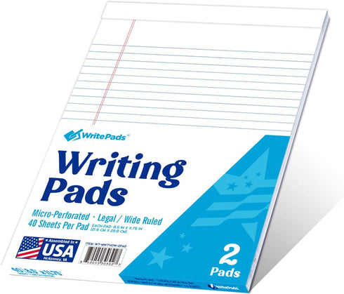 KAISA Legal Pads 8.5x11 Writing Pads Wide Ruled Notepads 8.5"x11.75" White Note Pads 40 Sheets 2 Pads,WT-MWT40W-2PAD?Made in the USA....