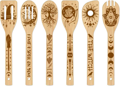 GLOBLELAND 6Pcs Magic Divination Bamboo Cooking Utensils Wooden Engraved Cooking Spoons Set Carving Kitchen Bamboo Spatula Set Wood Cooking Spoon ...