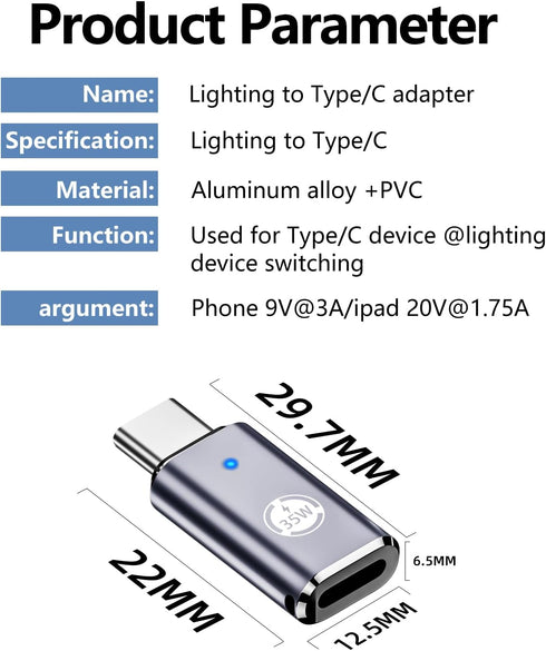 USB C-to Lightning Adapter, 35W PD Connector, 2 Piece Set, Compatible with iPhone 15 Series and Other C Type Devices, Fast Charge, Grey Design, Su...