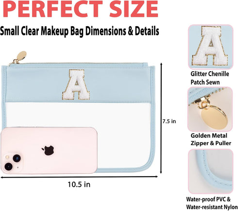 Clear Makeup Bag Set 2pcs Glitter Chenille Monogram Snacks Bag Travel Essentials Flat Zipper Pouch Cosmetic Brush Bag for Women (Blue Set-A)...