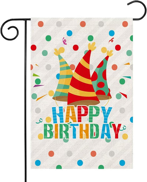 Happy Birthday Garden Flags 12" x 18" Gift Party Small Yard Signs Vertical Double Sided Readable Burlap Welcome Birthday Hat House Flags Poster Pa...