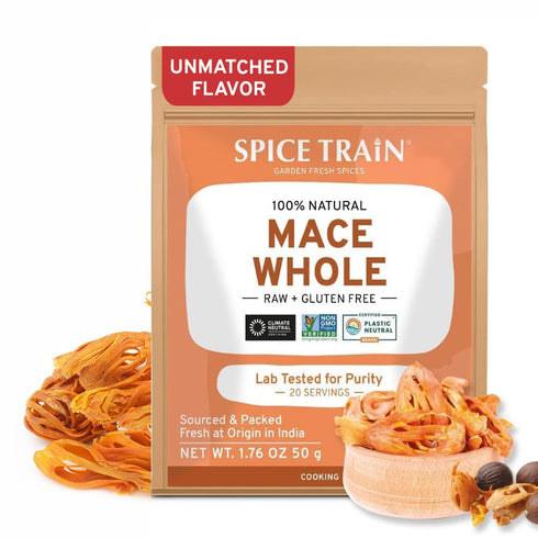SPICE TRAIN Whole Mace (50g/1.76oz) Non GMO, Gluten Free, 100% Raw, Sourced from India, For Cooking, Smoothies, Lattes, Packed in Resealable Ziplo...