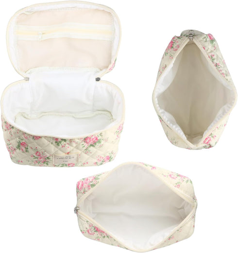 Cute Makeup Bag for Women(3 Pcs), Quilted Floral Coquette Aesthetic Make up Bags, Travel Cosmetic Bags Toiletry Organizer Bag(Pink Flower)...