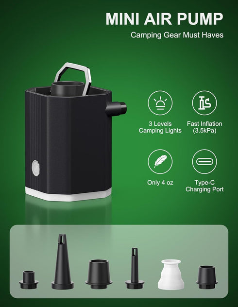 Mini Air Pump Protable,Camping Gear Must Haves,Rechargeable Powered Air Pump,Small Travel Air Pump for Inflate Deflate with Camping Lights,for Raf...
